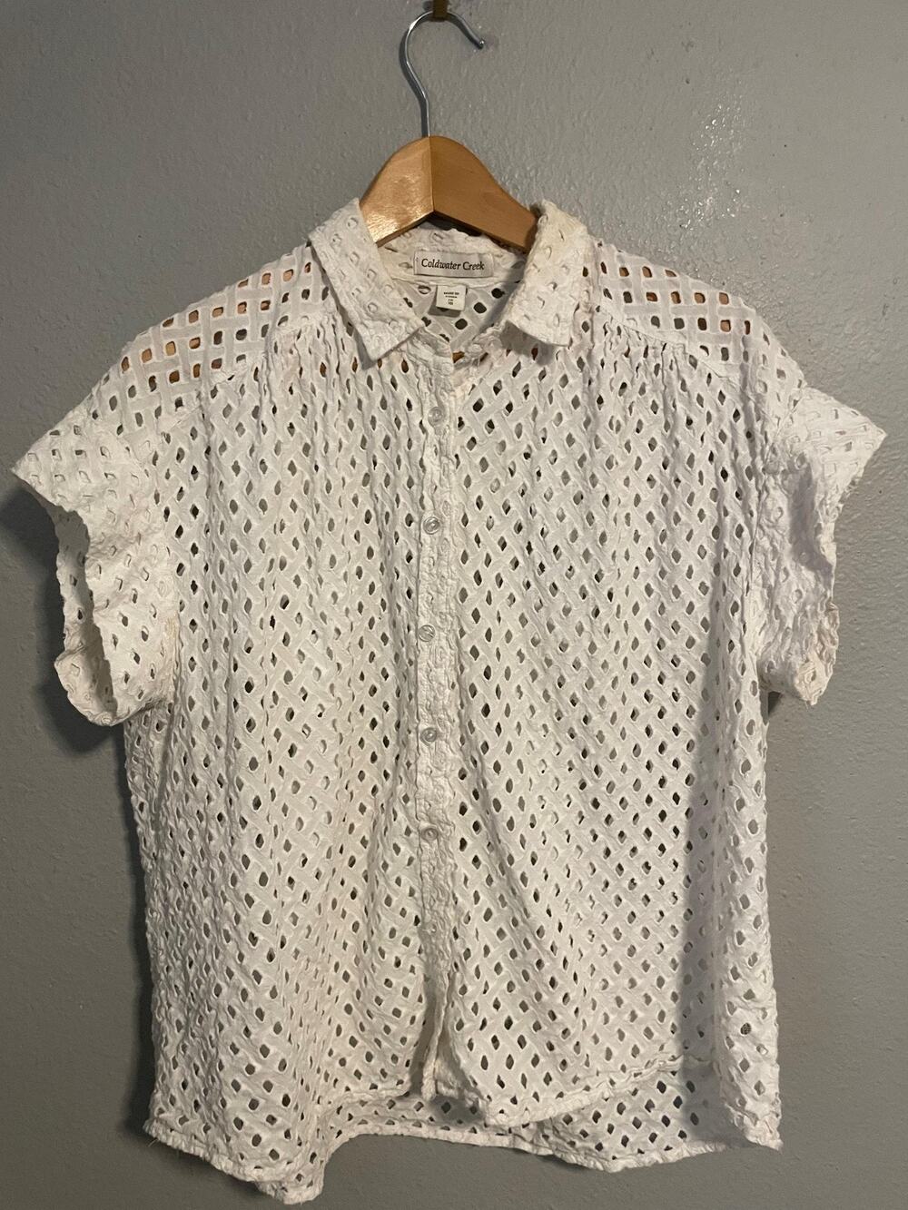 Coldwater Creek Womens Top Large White Eyelet Lace Short Sleeve Cottagecore READ